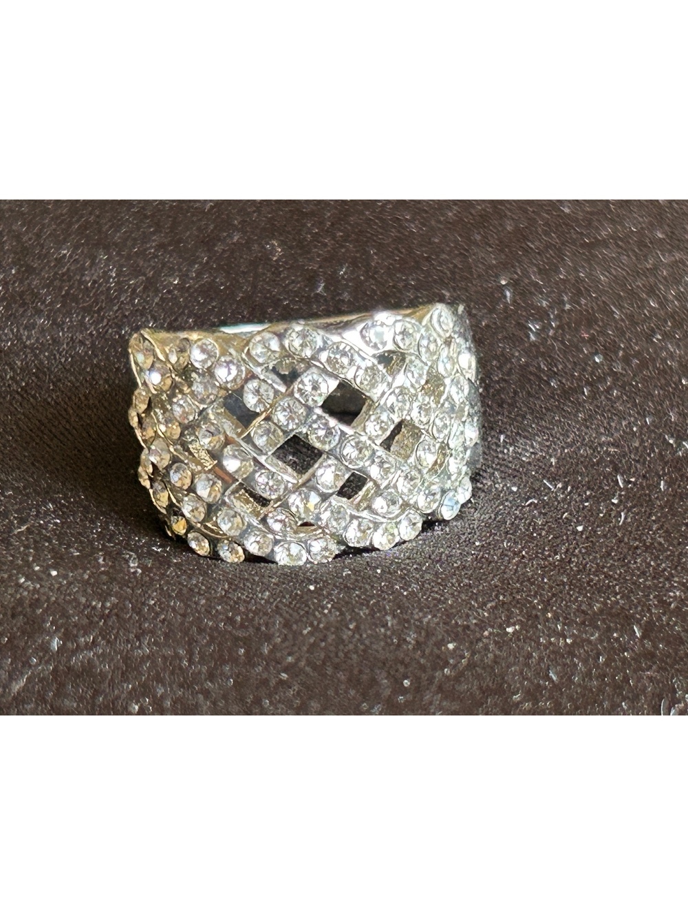 Wide Silver Tone Rhinestone Statement Ring